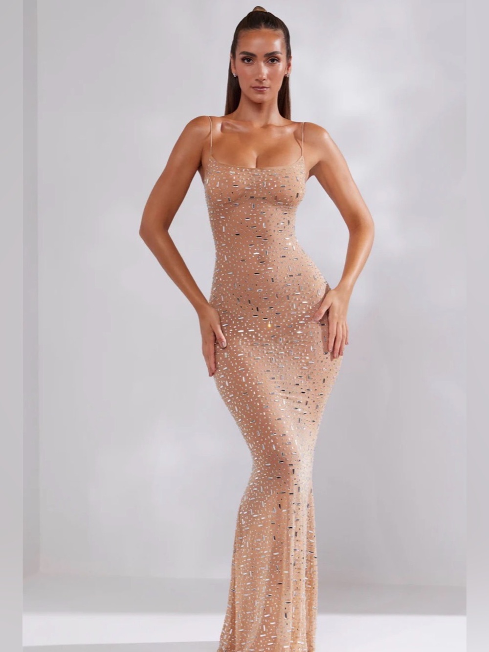 Oh Polly Antonella Sheer Embellished Scoop Neck Evening Gown in Honey